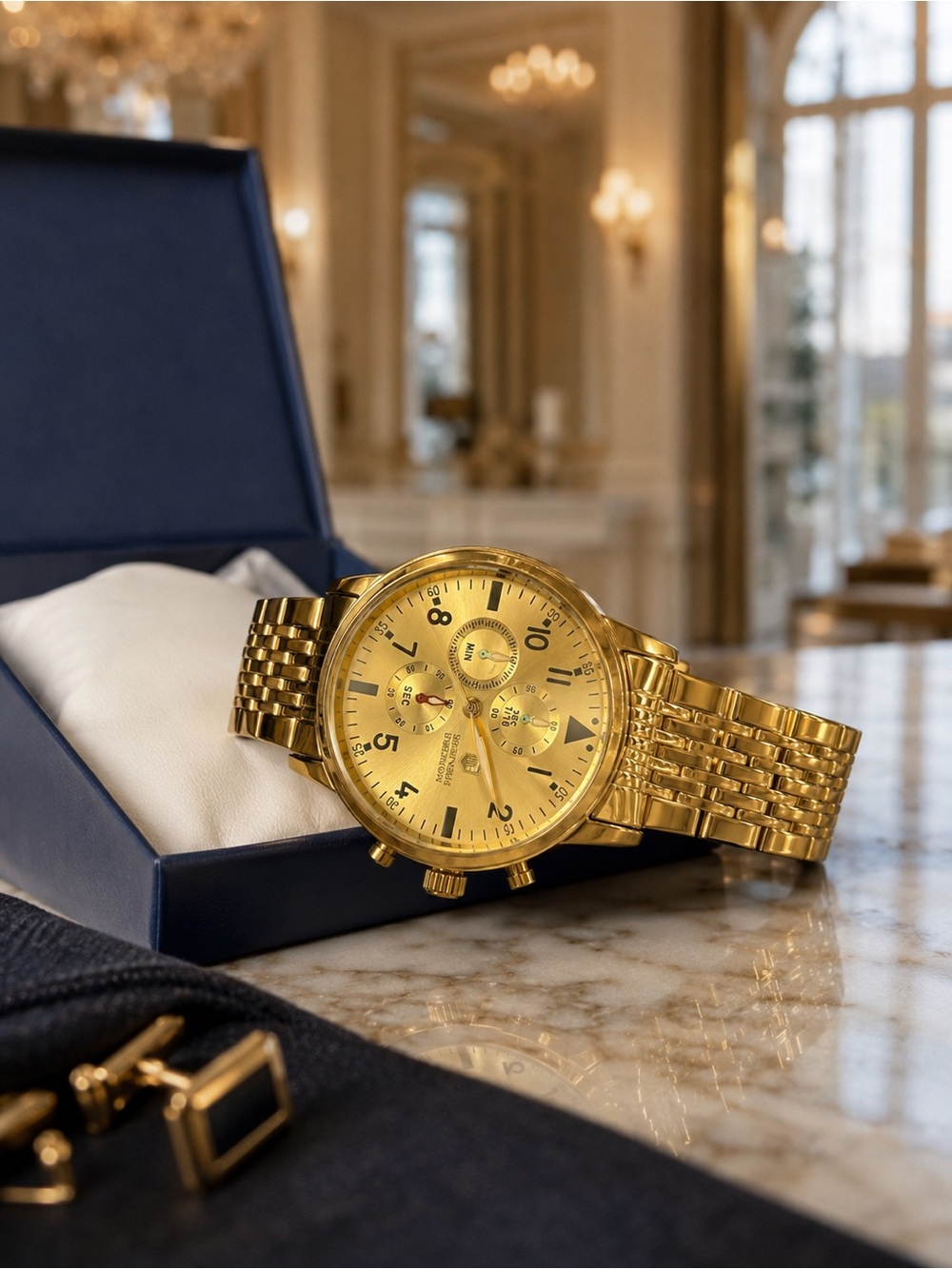 Montres Prestige MPW-0078 Men’s Gold Tone Multi-Dial Watch NWT Box - Picture 4 of 10